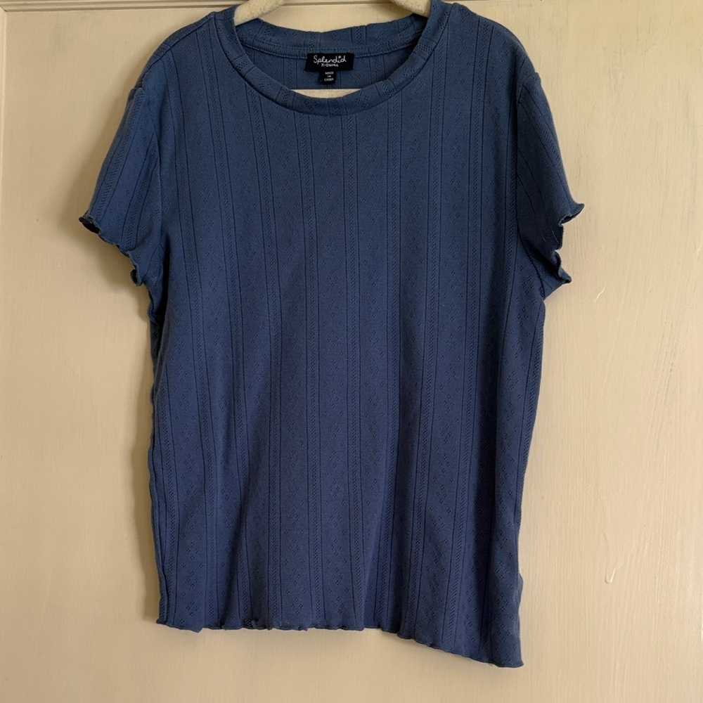 Splendid Blue Short Sleeve Pointelle Fitted Tee